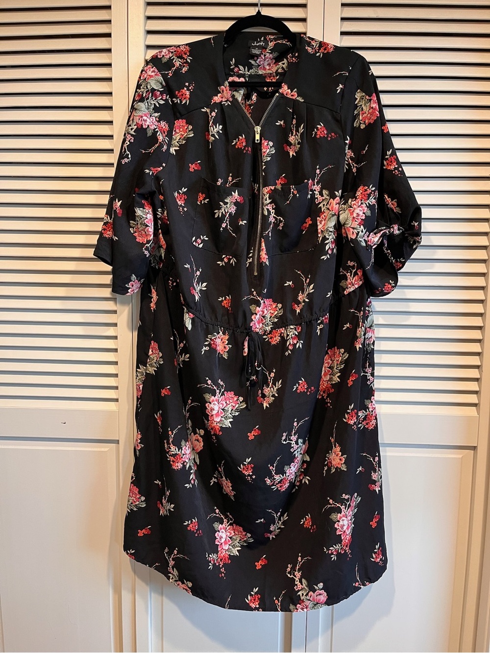 Justify Black Floral Zip-Front Midi Dress with Pink & Red Blooms